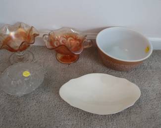 Pyrex bowl, carnival glass, and other