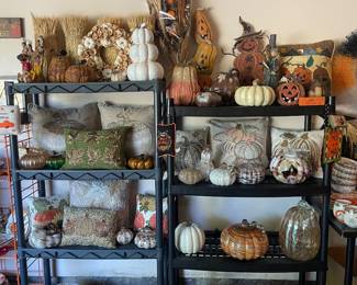 Beaded throw pillows, holiday plates, glass, and ceramic pumpkins