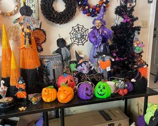 Candy corn cone trees, light up pumpkins, Halloween trees with ornaments