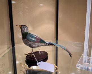 Cloisonne Long-Tailed Bird on base