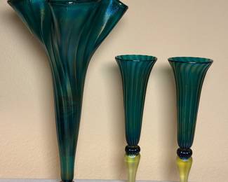Vintage Rick Strini Iridescent Teal Vase & Champagne Flutes, signed