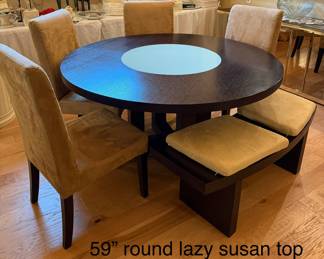 59" Espresso brown table with spinning base and table top, baby blue glass center insert, seating for 6