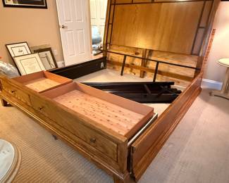 Solid wood king size platform bed with headboard, foot board, side rails, mattress support slats, and 2 underneath storage drawers