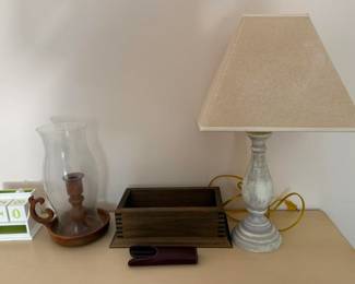 Tabletop Decor Lot – Calendar, Hurricane, Box & Lamp