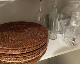 Kitchenware and Entertaining Supplies Lot with Rattan Placemats and Beverage Dispensers