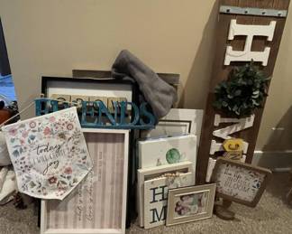 Home Decor and Wall Signage Lot with Picture Frames and Banner