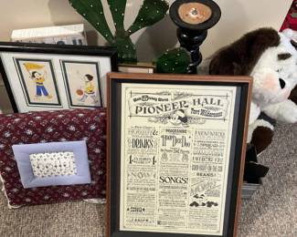 Home Decor Lot with Disney Pioneer Hall Poster, Picture Frames, and Artificial Cactus