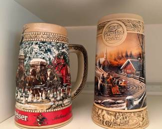 Budweiser Clydesdales & Miller Genuine Draft "Pleasures of Winter" Collector Beer Steins – Pair