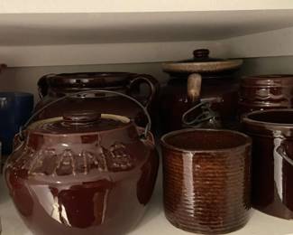 Assorted Brown Glazed Ceramic Bean Pots, Crocks, and Mugs Lot