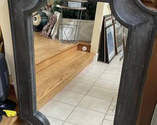 Shaped Wall Mirror with Distressed Charcoal Gray Wooden Frame
