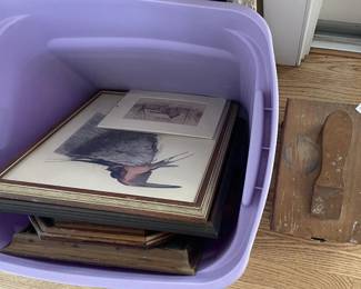Wooden Shoe Shine Box and Assorted Framed Art Prints