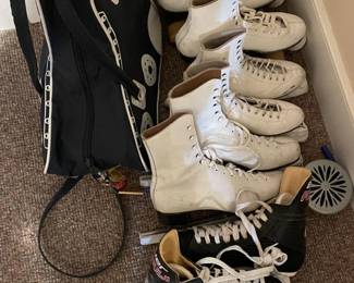 Assorted Ice Skates, Roller Skates, and Gioca Carrying Bag