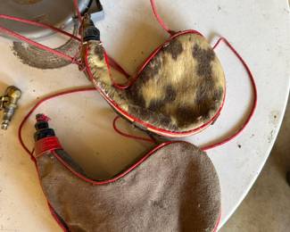Vintage Spanish Suede Leather and Faux Fur Trimmed Bota Wine Bags, Pair