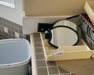 Vanity Organizers, Vanity Mirrors, Power Strip, and Wastebasket