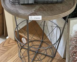 Round Wood Top Accent Table with Wire Basket Style Metal Base