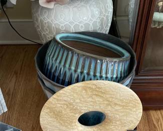 Tahari Home Table Sculpture, Ceramic Urn with Faux Flowers, and Planter Pots Lot