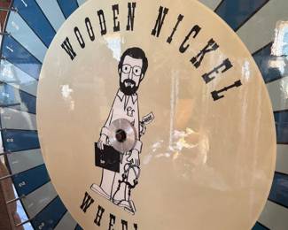 Custom Painted "Wooden Nickel" Carnival Prize Wheel on Stand