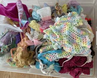 Fashion Dolls and Assorted Handmade Doll Clothing Storage Bin Lot