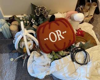 Home Decor and Seasonal Accents Lot with Pumpkin Pillow and Faux Florals