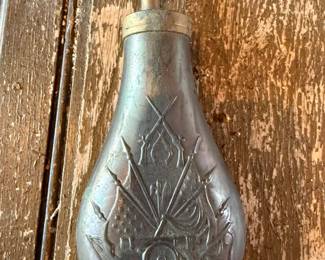 Italian Reproduction Black Powder Flask – Embossed Cannon & Flags