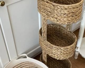 Three Tier Woven Basket Shelf Tower and Two Tone Coiled Fabric Storage Bin