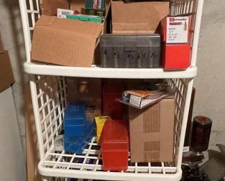 Ammunition Reloading Components and Supplies Lot with Storage Rack