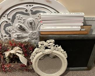 Home Decor Lot with Round Metal Medallion, Ornate Mirror, and Block Signs