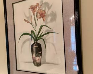 pair of matted and framed lilies featuring Asian style urns