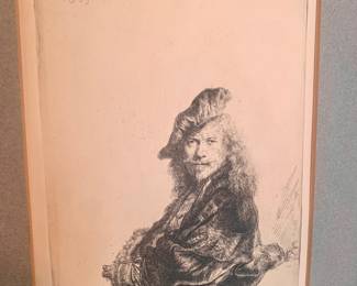 Rembrandt etching entitled "Self Portrait Leaning on a Stone Sill"