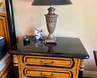 pair of matching black lacquer and burl wood bedside tables