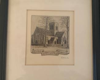 Framed pencil etching of the Church of St. Peter and Paul in Ringwood, England by artist AWH Corbin