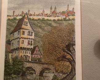 hand colored etching titled "Rothenburg Tauber" by German artist Ernst Geissendorfer (1908-1993)