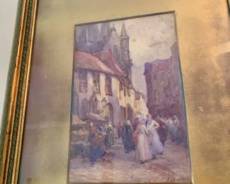 a 19th c watercolor titled "Market Day Malines" signed by F. Lewis -Malines is in Mechelen Belgium