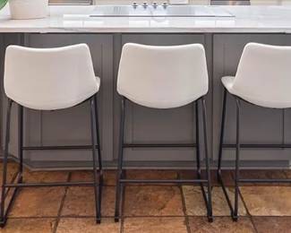 counter height bar stools with white faux leather scoop seats and black metal sled bases