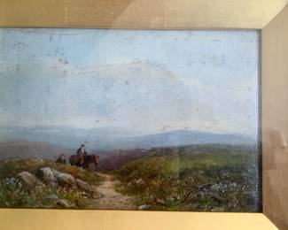 a sweet small unsigned 19th century European pastoral landscape depicting figures on horseback traveling along a  rugged moorland path--My Favorite!