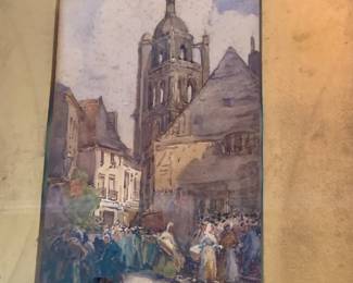 19th c watercolor by British artist F. Lewis -titled "Tour St. Antoine France"