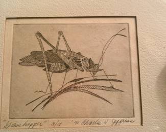 Limited ed 1971 fine art print titled "Grasshopper" by  Louisiana artist Charles Jeffress