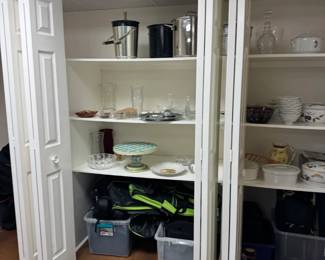 Ice buckets, cold bags, vases, party central supplies in the cubbard