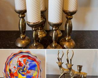Misc brass candle holders & colored glass decor