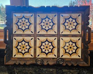 Vintage Mexican Carved Wood Tray w/ Ceramic Tiles