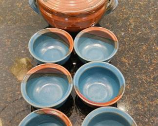 Artisan Pottery Soup Tureen & 6 Bowls