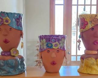 "Bird Brain" terracotta head planter pots
