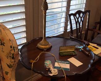 Round End Table, one of Two Lamps