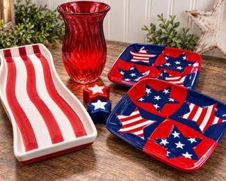 Patriotic Red White & Blue Serving Lot - Star Plates, Striped Tray, Vase & Shakers