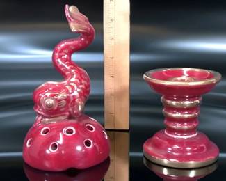 1930β40s Arthur Percy for Gefle Upsala-Ekeby Koi Flower Frog & Candlestick β Sweden