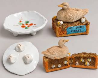 Duck "No Noise Please" Hinged Trinket Box & Footed Porcelain Dish