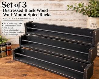 Set of 3 Distressed Black Farmhouse Wall-Mount Spice Racks
