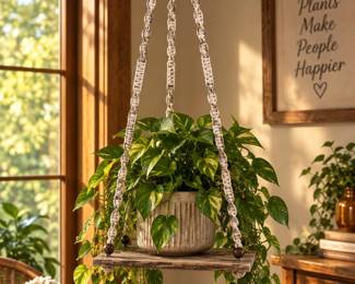 Retro Macrame Hanging Plant Stand with Wood Platforms β 60"