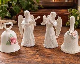4 Pc White Porcelain Angel Musicians & Floral Bells