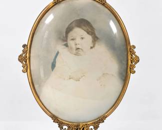 Large Ornate Brass Oval Portrait Frame with Convex Glass